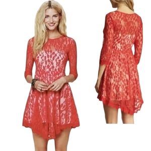 Free People Red Floral Lace Mesh Fit Flare Mini Dress Size 2